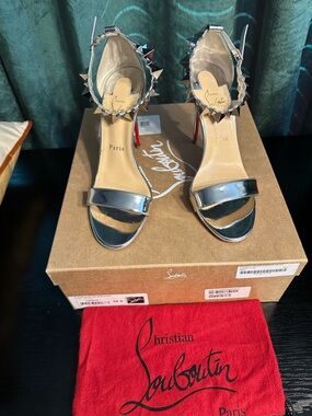 Christian Louboutin Metallic Silver Studded Ankle-Strap Heels